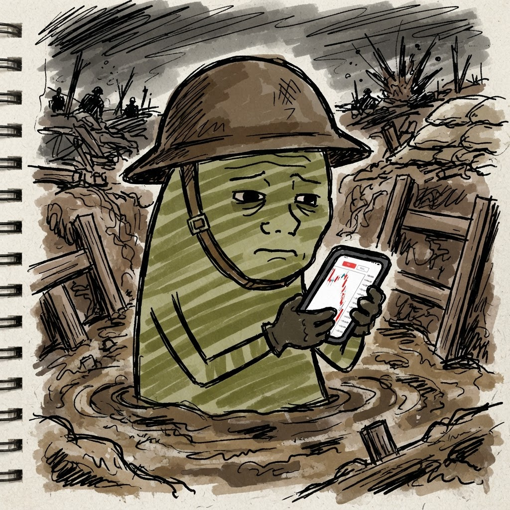 Trench guy checking a red chart from inside a muddy trench