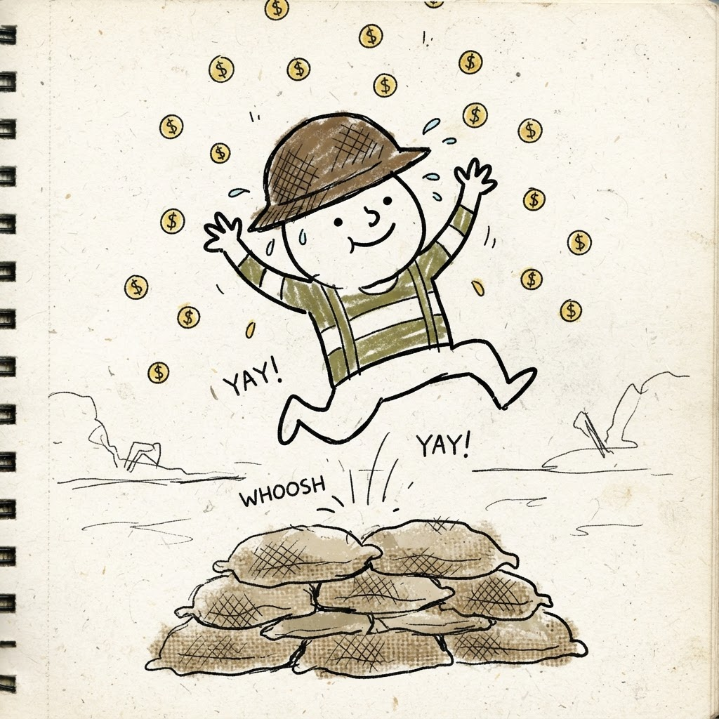 Trench guy leaping off a stack of sandbags as coins rain down