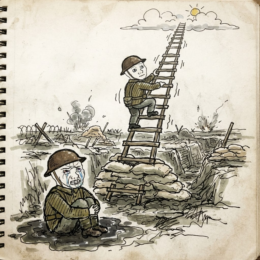 One trench guy climbing a sandbag ladder while another cries at the bottom