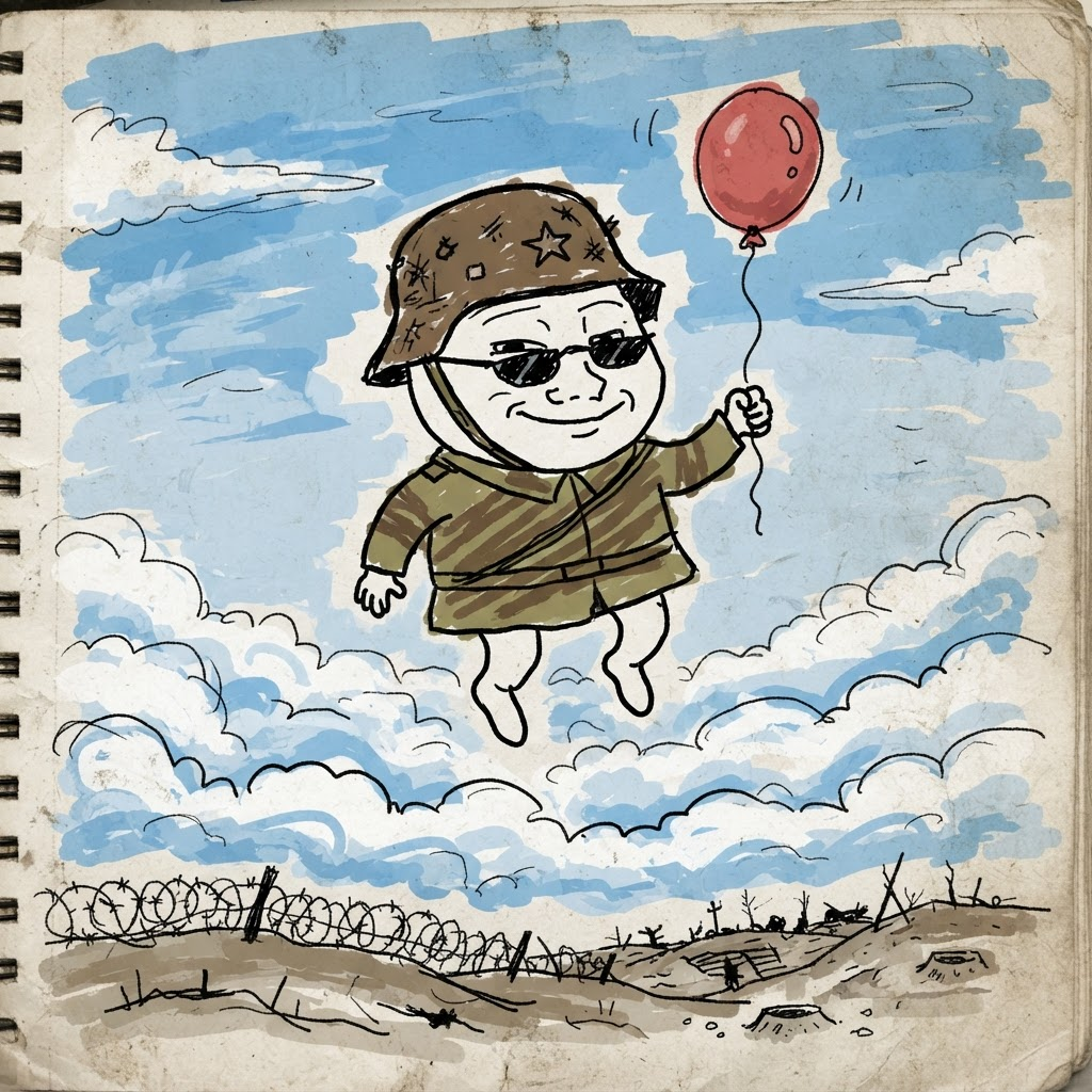 Smug trench guy floating above the clouds with a balloon